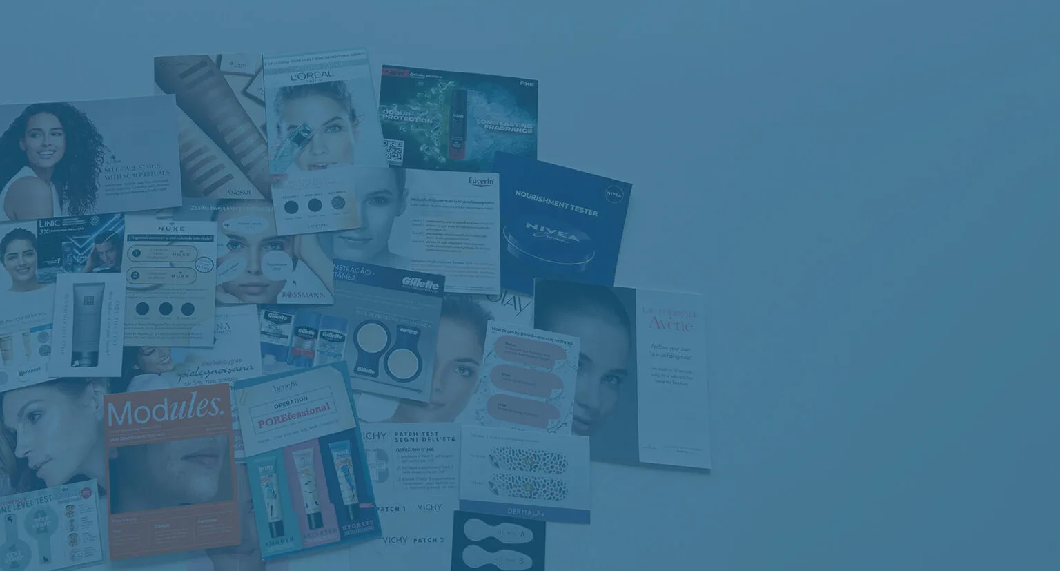 A collage of various skincare and beauty product advertisements, including brands like LOréal and Nivea, displayed on a blue background. The ads feature images of skincare products and smiling women. . In a demo creation process.