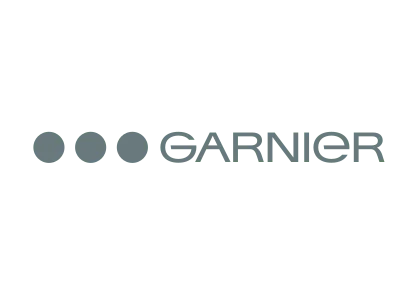 Logo displaying the word GARNiER in uppercase letters, preceded by three dots symbolizing scientific progress. The design is set against a plain blue background, reflecting a calm and innovative ambiance. . In a demo creation process.